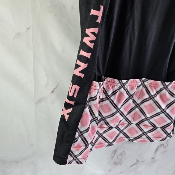 Twin Six Cycling Jersey Women XL Black Pink Plaid Skull Bike Zip Pockets Top - Picture 8 of 11